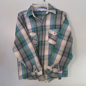 Frostproof Flannel Shirt Mens Green Medium Plaid Western 70s USA Pockets Cotton